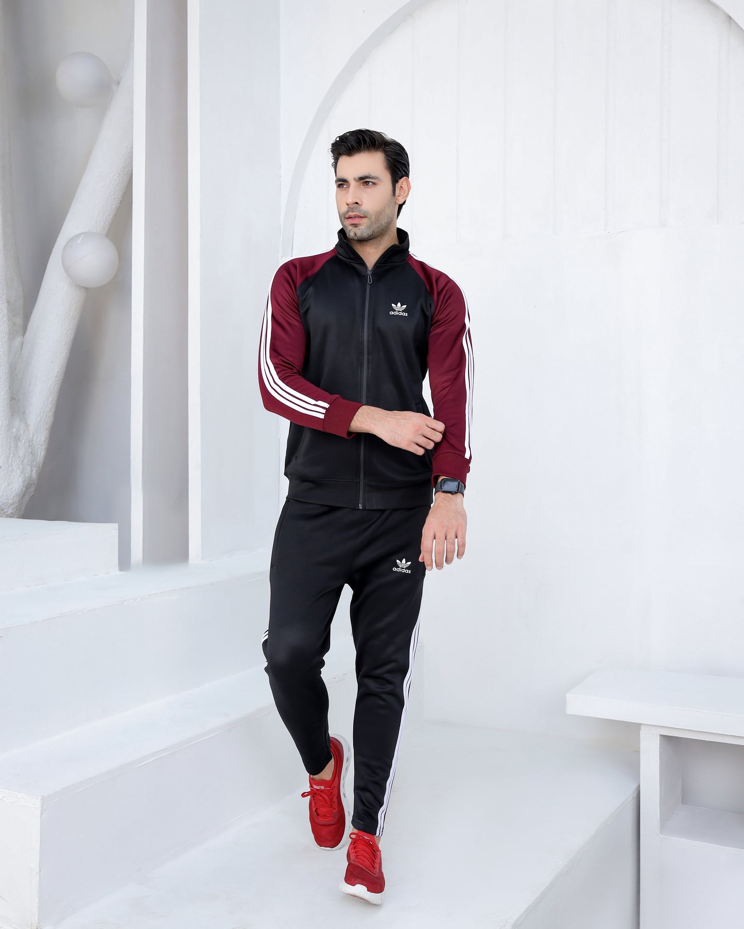 Men's black burgundy tracksuit